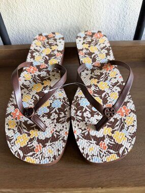 TORY BURCH Soho Reverie Walnut Brown Floral Thin Flip Flops NEW 11